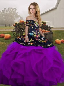 Attractive Tulle Off The Shoulder Sleeveless Lace Up Embroidery and Ruffles 15th Birthday Dress in Black And Purple