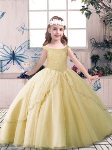 Custom Made Tulle Off The Shoulder Sleeveless Lace Up Beading Pageant Dress in Champagne