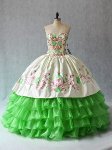 Sweetheart Sleeveless Quinceanera Gowns Floor Length Embroidery and Ruffled Layers Organza