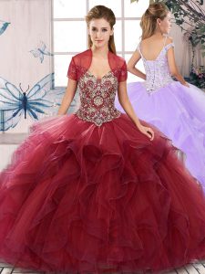 Burgundy Ball Gowns Off The Shoulder Sleeveless Tulle Floor Length Lace Up Beading and Ruffles 15 Quinceanera Dress