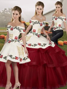 Flirting Wine Red Off The Shoulder Lace Up Embroidery and Ruffled Layers Quince Ball Gowns Brush Train Sleeveless