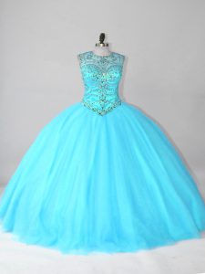 Fashionable Floor Length Aqua Blue 15 Quinceanera Dress Scoop Sleeveless Lace Up