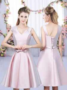 Fashionable Baby Pink Sleeveless Mini Length Bowknot Lace Up Wedding Guest Dresses