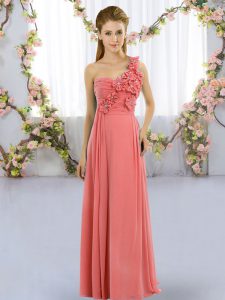 Watermelon Red Empire One Shoulder Sleeveless Chiffon Floor Length Lace Up Hand Made Flower Bridesmaids Dress