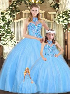 Top Selling Baby Blue Tulle Lace Up Quince Ball Gowns Sleeveless Floor Length Embroidery