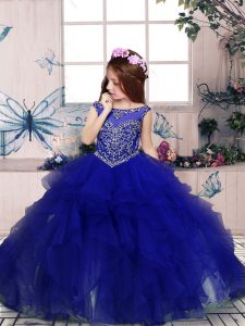 Floor Length Ball Gowns Sleeveless Royal Blue Child Pageant Dress Lace Up
