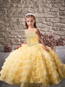Trendy Brush Train Ball Gowns Kids Formal Wear Gold Straps Tulle Sleeveless Lace Up