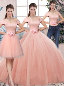 Off The Shoulder Short Sleeves Tulle Quinceanera Dresses Lace and Hand Made Flower Lace Up