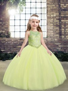 Customized Light Yellow Ball Gowns Scoop Sleeveless Tulle Floor Length Lace Up Beading Child Pageant Dress