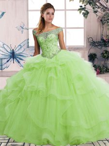 Yellow Green Sleeveless Tulle Lace Up Sweet 16 Dress for Military Ball and Sweet 16 and Quinceanera