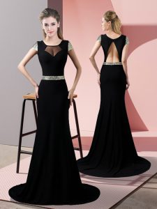 Exceptional Black Satin Backless Evening Wear Short Sleeves Sweep Train Sequins