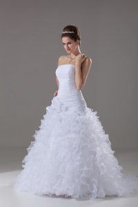 White A-line Strapless Sleeveless Organza Brush Train Lace Up Ruffles Wedding Gown