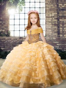 Cheap Orange Sleeveless Organza Brush Train Lace Up Little Girls Pageant Dress Wholesale for Party and Military Ball and Wedding Party