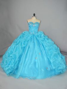 High Quality Blue Sleeveless Organza Lace Up Quinceanera Dresses for Quinceanera