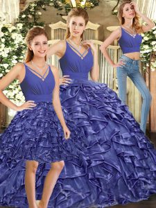 Lavender Ball Gowns Ruffles 15 Quinceanera Dress Backless Organza Sleeveless Floor Length