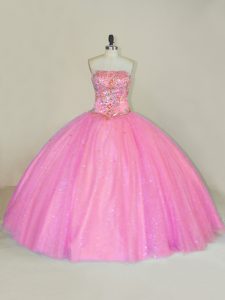 Super Pink Sleeveless Tulle Lace Up Vestidos de Quinceanera for Sweet 16 and Quinceanera
