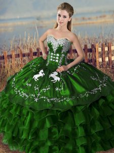 Sweetheart Sleeveless Lace Up Ball Gown Prom Dress Green Satin and Organza