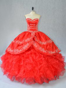 Popular Red Side Zipper Sweet 16 Dress Embroidery and Ruffles Sleeveless Floor Length