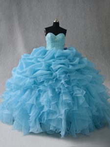 Designer Sweetheart Sleeveless Organza Quince Ball Gowns Beading and Ruffles and Pick Ups Lace Up