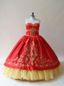 Beauteous Red Ball Gowns Satin Sweetheart Sleeveless Embroidery Lace Up Ball Gown Prom Dress
