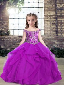 Purple Tulle Lace Up Off The Shoulder Sleeveless Floor Length Pageant Dress for Teens Beading and Ruffles