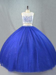 Romantic Royal Blue Two Pieces Scoop Sleeveless Tulle Floor Length Zipper Lace Quince Ball Gowns