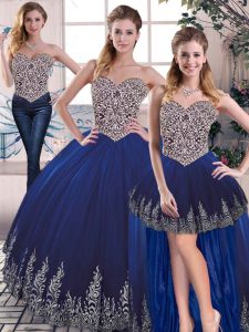 Attractive Royal Blue Sleeveless Floor Length Embroidery Lace Up Sweet 16 Quinceanera Dress