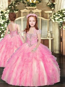 Floor Length Baby Pink Girls Pageant Dresses Straps Sleeveless Lace Up