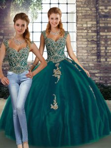 Floor Length Lace Up Quinceanera Dresses Peacock Green for Military Ball and Sweet 16 and Quinceanera with Beading and Appliques