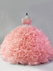 Scoop Sleeveless Quinceanera Dresses Floor Length Beading and Ruffles Pink Fabric With Rolling Flowers