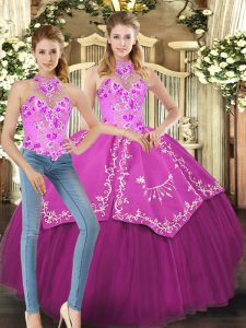 Fuchsia Two Pieces Satin and Tulle Halter Top Sleeveless Embroidery Floor Length Lace Up 15th Birthday Dress