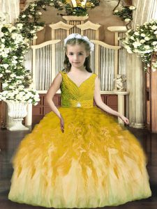 Admirable Olive Green Tulle Backless Little Girl Pageant Gowns Sleeveless Floor Length Beading and Ruffles