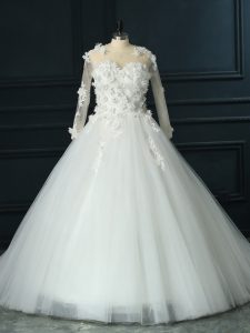 3 4 Length Sleeve Tulle Court Train Lace Up Wedding Gowns in White with Lace and Appliques