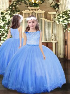 Trendy Floor Length Blue Little Girls Pageant Gowns Tulle Sleeveless Lace