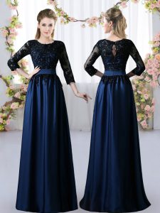 Superior Navy Blue 3 4 Length Sleeve Satin Zipper Dama Dress for Prom and Party and Wedding Party