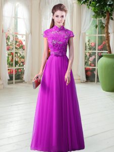 Cap Sleeves Appliques and Belt Lace Up Prom Dress