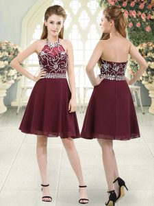 Burgundy A-line Chiffon Halter Top Sleeveless Beading Knee Length Zipper Prom Dresses