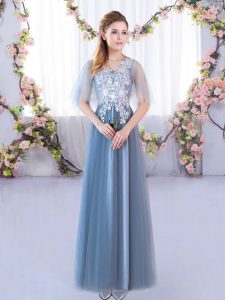 Eye-catching Blue Tulle Lace Up V-neck Half Sleeves Floor Length Bridesmaid Dresses Lace