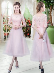 High Class Baby Pink Scoop Lace Up Belt Prom Dress Half Sleeves
