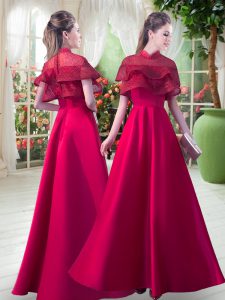 Red Satin Zipper High-neck Short Sleeves Floor Length Evening Dress Lace