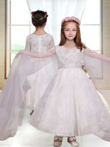 Inexpensive White Long Sleeves Lace Ankle Length Flower Girl Dresses for Less