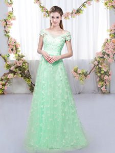 Extravagant Apple Green Off The Shoulder Lace Up Appliques Bridesmaid Dresses Cap Sleeves