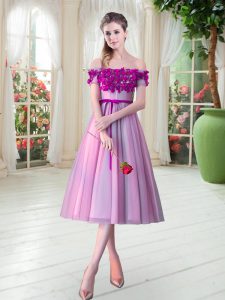 Superior Sleeveless Tulle Tea Length Lace Up Homecoming Dress in Rose Pink with Appliques