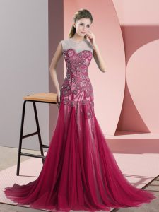 Backless Prom Evening Gown Red for Prom and Party and Military Ball with Beading and Appliques Sweep Train