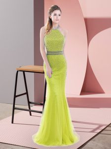 Yellow Green Mermaid Beading Dress for Prom Backless Tulle Sleeveless