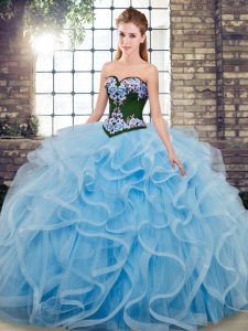 Fine Baby Blue Ball Gowns Embroidery Quince Ball Gowns Lace Up Tulle Sleeveless