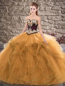 Beading and Embroidery Quinceanera Gown Orange Lace Up Sleeveless Floor Length