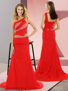 Red Sleeveless Sweep Train Beading Prom Dress