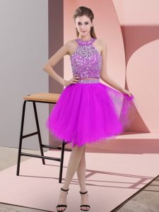 Glittering Purple Two Pieces Halter Top Sleeveless Organza Knee Length Backless Beading Prom Party Dress