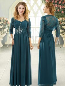 Super Teal Short Sleeves Beading and Ruching Zipper Evening Outfits
